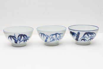 (3) Royal Seoul Korea Porcelain Rice Bowls With Cobalt Blue Bamboo Pattern