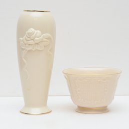 Lenox Flower Vase Rose Cream With Gold Trim And Canterbury Treat Bowl Scroll Embossed
