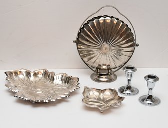 5 Piece Vintage Fold Out Candy Dish By National Leadware With 2 Silverplated Trays And Candlesticks