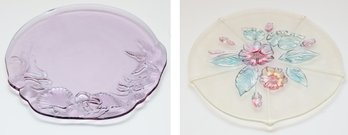 2 Vintage Decorative Glass Serving Platters With Floral Decor