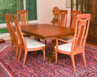 Mid-Century Modern Expandable Dining Table With 6 Italian Provincial Cane Back Dining Arm Chairs
