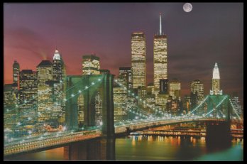 Nightscape Of New York City Featuring The Brooklyn Bridge, Twin Towers And Full Moon, Color Photograph