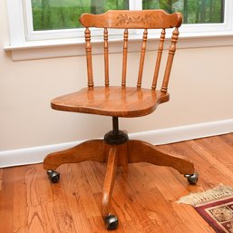 Wooden Spindle Back Office Desk Chair, Adjustable With Wheels