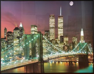 Nightscape Of New York City Skyline Featuring The Brooklyn Bridge, Twin Towers And Full Moon, Color Photograph