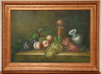 Original Oil Painting Of Still Life With Grapes, Peaches And Apertif Signed By Artist