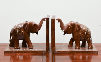 Inlaid Wood Elephant Bookends