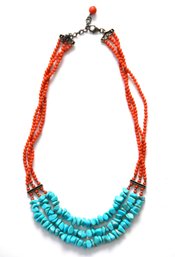 Turquoise And Red Beaded Necklace