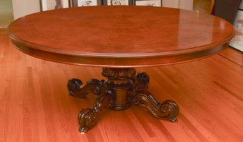 Large Round Burled Walnut Pedestal Dining Table With Inlaid Design, Scroll Feet And Protection Pads