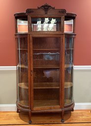 Vintage Oak Curved Glass (5) Shelf Curio Cabinet With Lion Paw Feet