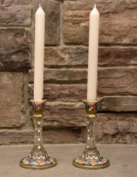 Pair Of Floral Hand Painted Glass Candlesticks