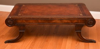 Vintage Regency Style Mahogany Tooled Leather Top Coffee Table With Lion Claw Feet