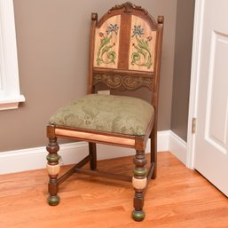 Vintage Hand Painted Carved Oak Tole Occasional Chair