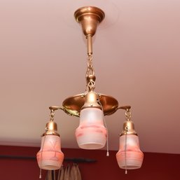 Chandelier Light Fixture With (3) Hand Painted Glass Shades Depicting Country Landscape