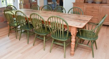Extra Long Farmhouse Dining Table With 10 Spindle Back Chairs