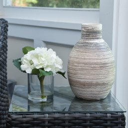 Crate & Barrel Large 'Cove' Textured Vase With Glass Vase And Faux White Hydrangeas