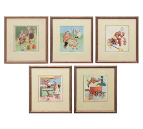 Set Of (5) Lawson Wood Framed Whimsical Monkey Lithographs