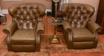 Pair Of Barcalounger Brand Leather Studded Wingback Reclining Chairs