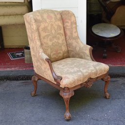 Vintage Mahogany Chippendale Style Library Armchair In Upholstered Cream Floral Fabric