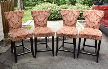 (4) Red And Gold Red Damask Patterned Upholstered Bar Stools