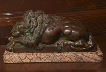 Vintage Bronze Patina And Marble Recumbent Lion Sculpture