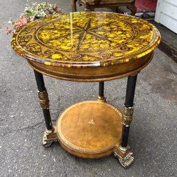 Vintage Ornate Glass, Leather And Wood Compass Top Table