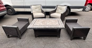 Sunbrella (5) Piece Patio Set With (2) Chairs, (2) Benches And Stone Top Coffee Table