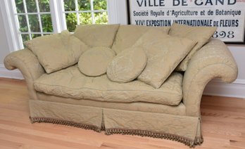 Green Brocade Upholstered Couch With Fringe No. 2