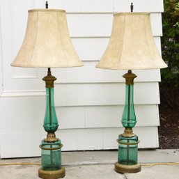 Pair Of Vintage Teal Glass And Brass Table Lamps