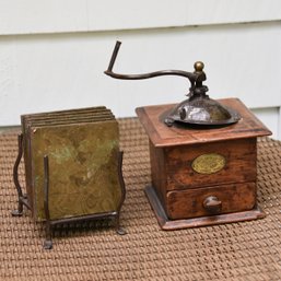 Antique Japy Freres Coffee Grinder And (6) Coasters With Holder