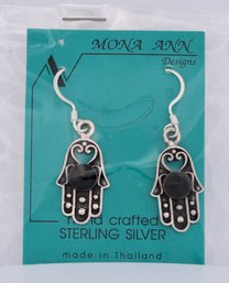 Hamsa Hand Drop Earrings With Onyx