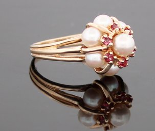 Yellow Gold Pearl Ruby Ring