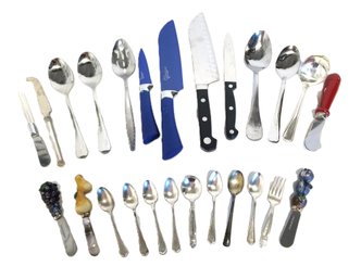 Mixed Lot Of Selection Of Stainless Steel & Silver Plated Flatware, Knifes And Serving Spoons