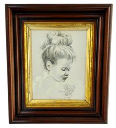 Antique Victorian Deep Dish Walnut Frame With Pencil Signed Young Girl Graphite Print