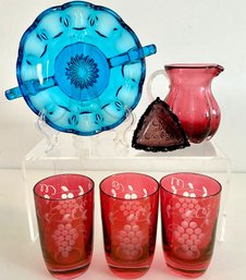 Vintage 6 Piece Colored Glass Lot: See Description For Itemization