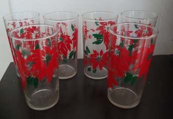 Set Of 6 Vintage 5 1/4' Poinsettia Holiday Drinking Glasses