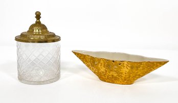 Vintage Brass Lidded Glass Jar And Gold Ceramic Bowl