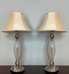 Pair - Crazed Glass Vessel Lamps With Silk Shades