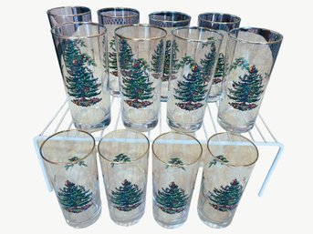 Spode Glassware Christmas Tree Set Of 12 Tumblers England 12 Oz Gold Trim 6-1/4'