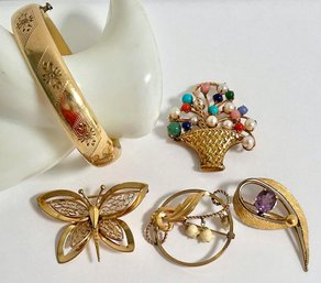 5 Vintage Gold Filled Pieces: 1 Bangle, 4 Pins/brooches - Van Dell, IPS,  2 Rare Winard Pins/brooches