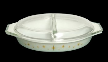 Vintage Mid Century Pyrex Gold Star Constellation Pattern 1 1/2 QT Divided Covered Baking Dish