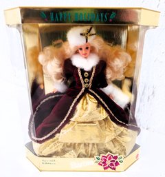 New In Box 1996 Special Edition Happy Holidays Barbie Wrapped In Burgandy White & Gold