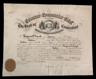 1917 State Of Connecticut Military Appointment Signed By Gov Marcus H. Holcomb