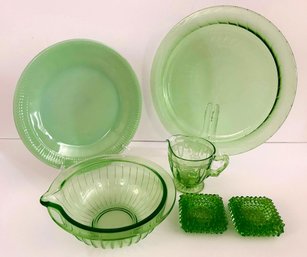 Green Glass Lot : Uranium Glass Platter, Bowl W/spout, Creamer, Fenton Hobnail Salt Cellars, Jadeite Plate
