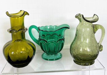 3 VTG Green Glass Items Vase, Creamer,  Crackle Glass Pitcher