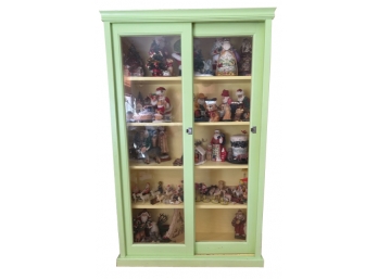 5 Shelf  Vintage Painted Display Wood Cabinet With Double Sliding Glass Doors 60' H X 37' W X 12.5' Depth