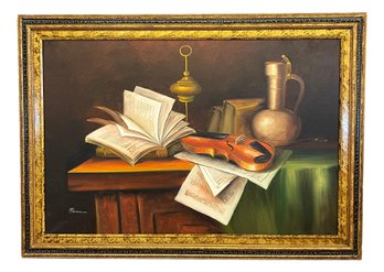 Large Oil On Canvas Painting Signed Moran Still Life With Violin