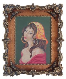 Large Vintage Beautifully Framed Gypsy Lady Needlepoint