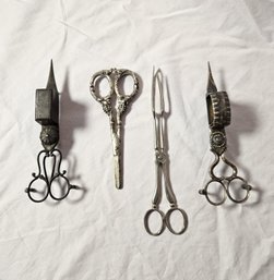 Vintage Set Of Candle Snuffing Scissors, Decorative Handled Scissors And Pastry Tong, Silver Plate