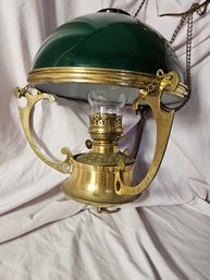 Antique Hanging Brass Lantern With Green Glass Shade And Center Chimney Oil Converted To Electric