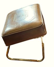 Vtg Laz-E-Rest Adjustable Hassock Tan Vinyl Gold Metal Footstool Embossed (read Description)